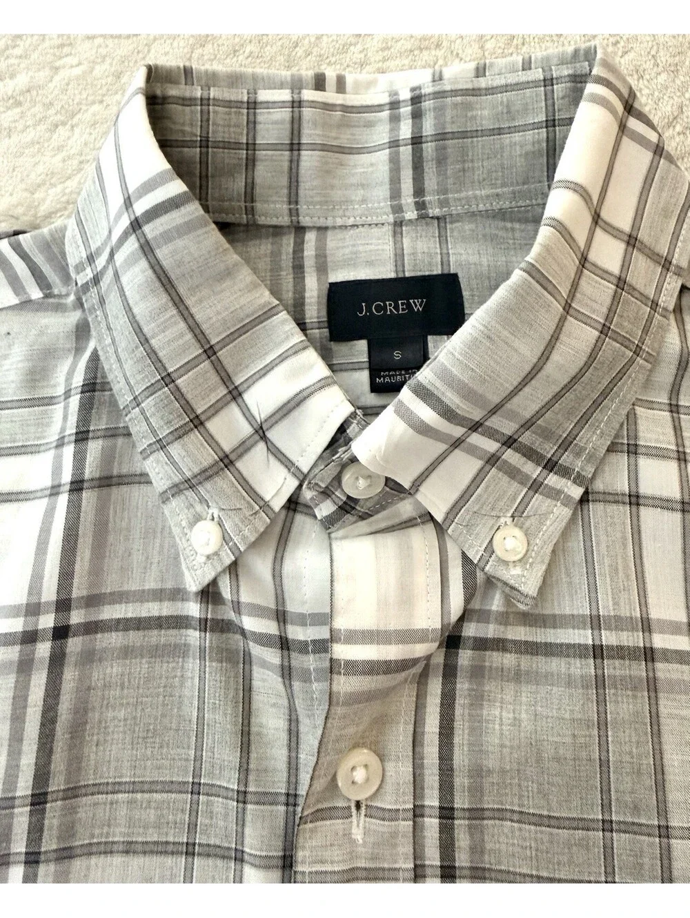 J Crew Mens S Plaid Button Down Shirt Gray White Cotton Long Sleeve Pocket